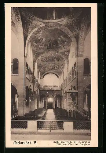 AK Karlsruhe i. B., Katholische Pfarrkirche St. Bonifatius, Blick vom Chor ins Langhaus