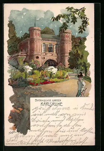 Lithographie Karlsruhe, Botanischer Garten mit Gebäude und Spaziergängerin