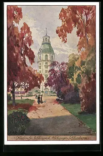 Künstler-AK Karlsruhe, Schlosspark mit Blick gegen Schlossturm von K. Weiikdenannt