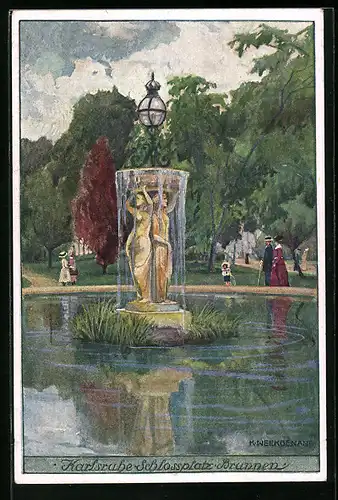 Künstler-AK Karlsruhe, Brunnen auf dem Schlossplatz