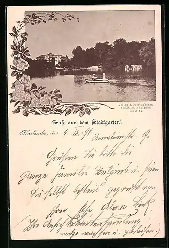 AK Karlsruhe, Uferpartie mit Boot