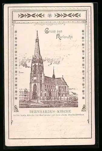 Lithographie Karlsruhe, Bernhardus-Kirche vor dem Durlachertor
