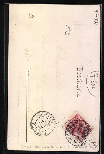 Lithographie Karlsruhe, Bernhardus-Kirche vor dem Durlachertor