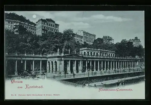 Mondschein-AK Karlsbad, Mühlbrunn-Colonnade