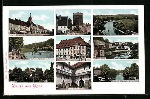 AK Eger, Wallensteinhaus, Schwarzer Turm, Marktplatz