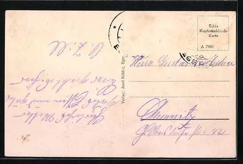 AK Eger, Marktplatz mit Brunnen und Leuten