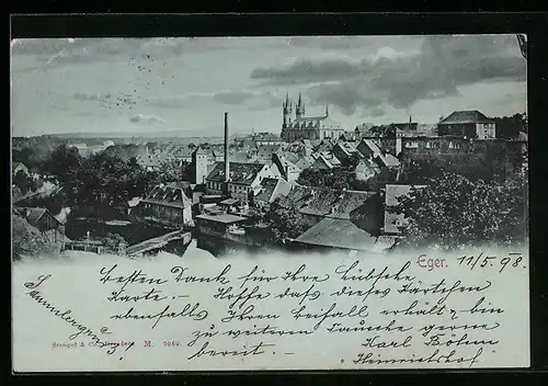 Mondschein-AK Eger, Teilansicht aus der Vogelschau