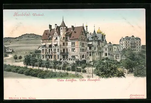 AK Karlsbad, Westend, Villa Schäffler und Villa Rosenfeld aus der Vogelschau