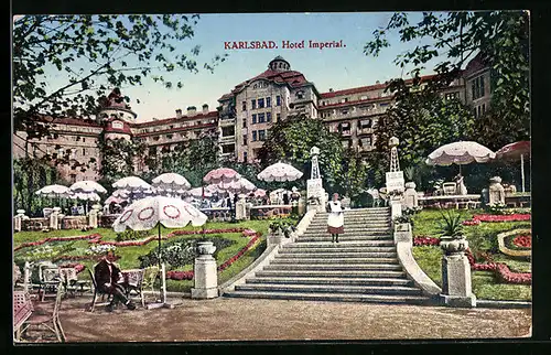 AK Karlsbad, Hotel Imperial, Gartenansicht mit Freitreppe