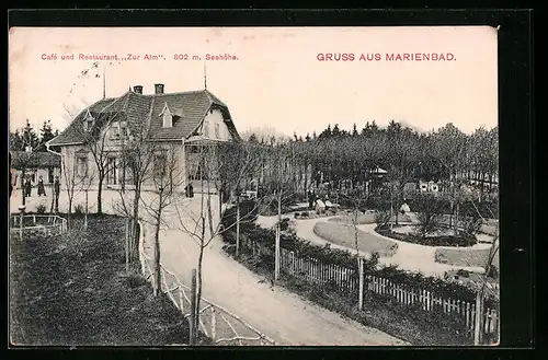 AK Marienbad, Cafe und Restaurant Zur Alm mit Parkanlage
