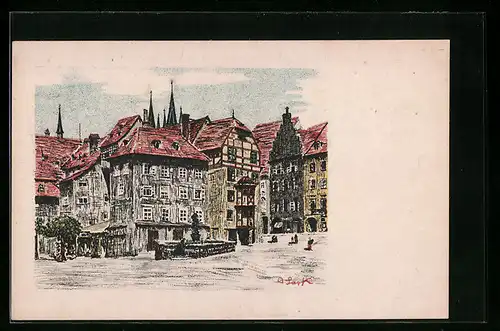 Künstler-AK Eger, Marktplatz mit Brunnen