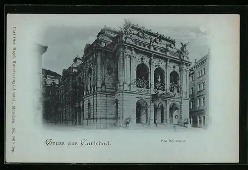 Mondschein-AK Karlsbad, Das Stadttheater