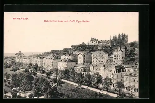 AK Marienbad, Bahnhofstrasse mit Cafe Egerländer