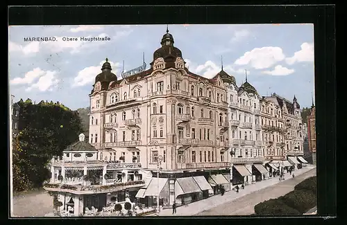 AK Marienbad, Obere Hauptstrasse mit Cafe