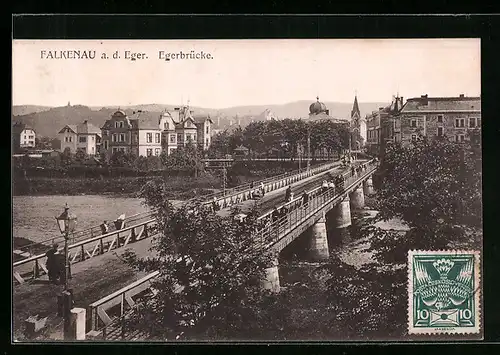 AK Falkenau a. d. Eger, Ortspartie an der Egerbrücke