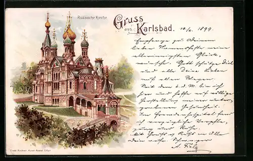 Lithographie Karlsbad, Partie an der Russischen Kirche