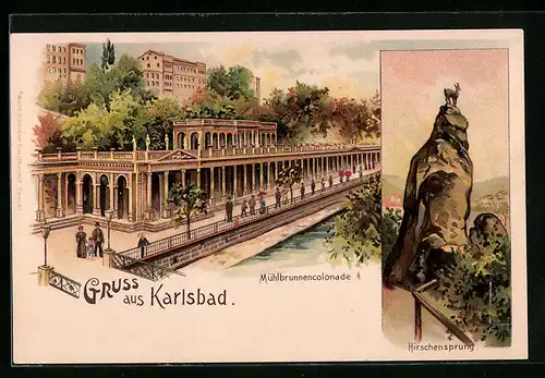 Lithographie Karlsbad, Mühlbrunnenkolonnade, Hirschensprung