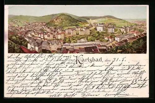 Lithographie Karlsbad, Panoramablick auf den Kurort