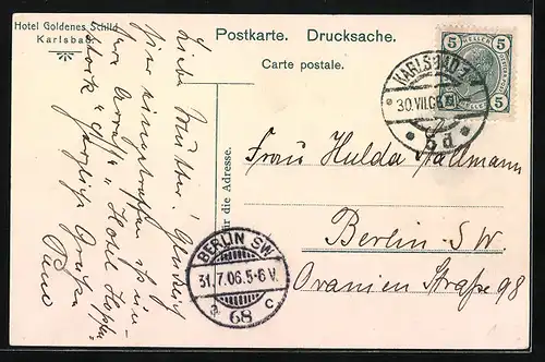 AK Karlsbad, Hotel Goldenes Schild, Speisesaal
