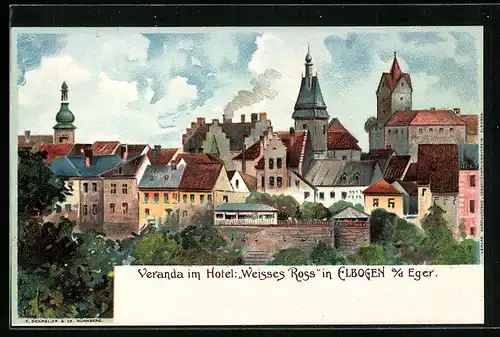 Lithographie Elbogen a. d. Eger, Veranda im Hotel Weisses Ross