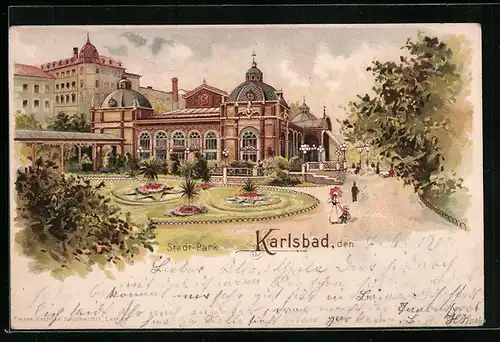 Lithographie Karlsbad, im Stadtpark