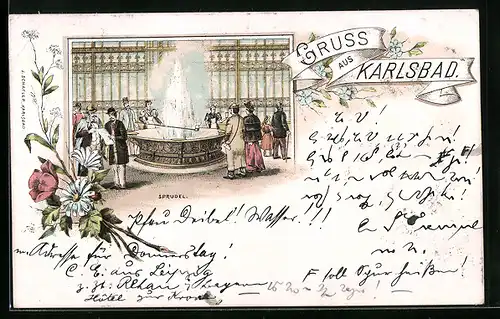 Lithographie Karlsbad, Kurgäste am Sprudel