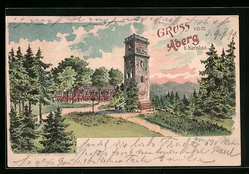 Lithographie Karlsbad, Turm und Restaurant auf dem Aberg
