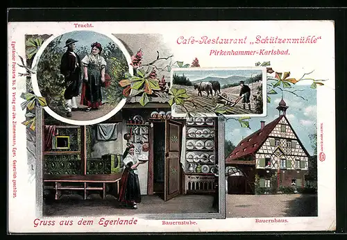 AK Gruss aus dem Egerlande, Bauernhaus, Bauernstube und Frau mit Knödeln, Paar in Tracht