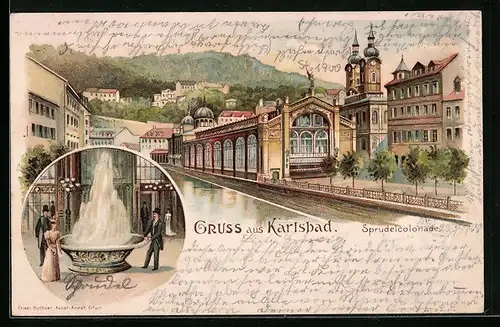 Lithographie Karlsbad, Blick auf Sprudelcolonade