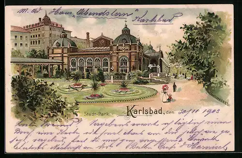 Lithographie Karlsbad, im Stadtpark
