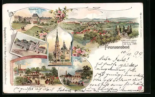 Lithographie Franzensbad, Ortsansicht, Kaiserbad, Russische Kirche, Curpromenade