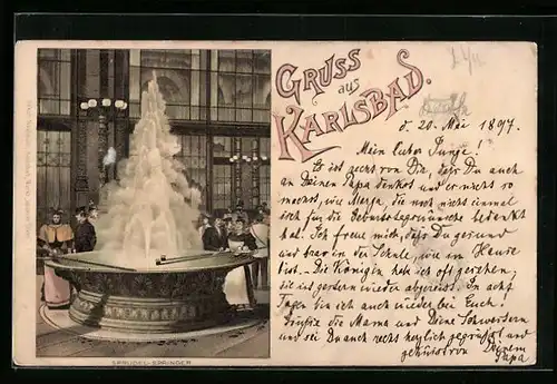 Lithographie Karlsbad, Sprudel-Springer, Kurgäste und Brunnenmädchen