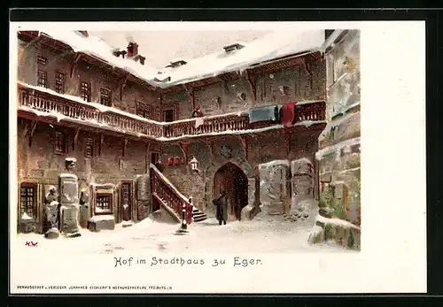 Lithographie Eger, Hof im Stadthaus im Winter