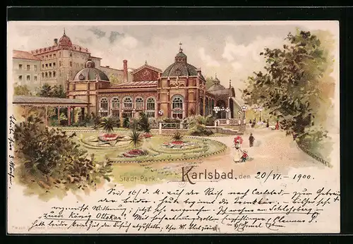 Lithographie Karlsbad, im Stadtpark
