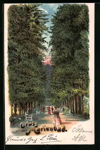 Lithographie Marienbad, Flaneure auf der Waldquellallee