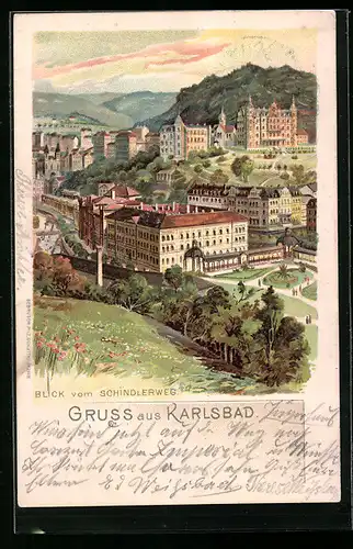 Lithographie Karlsbad, Blick vom Schindlerweg zum Ort