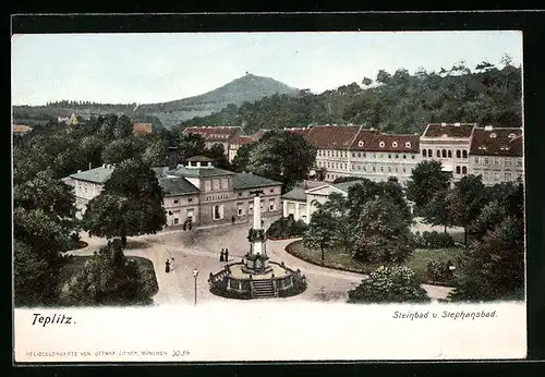 AK Teplitz Schönau / Teplice, Ortsansicht mit Denkmal
