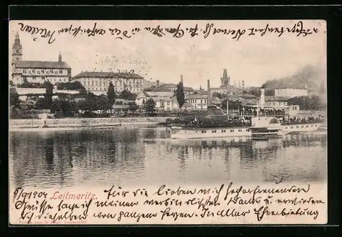 AK Leitmeritz / Litomerice, Ausflugsdampfer auf der Elbe, Blick zum Schloss und zur Stadt