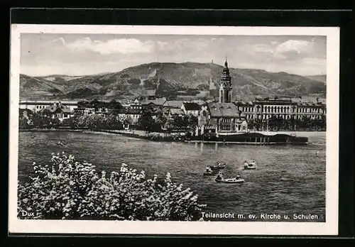AK Dux, Teilansicht m. ev. Kirche und Schulen
