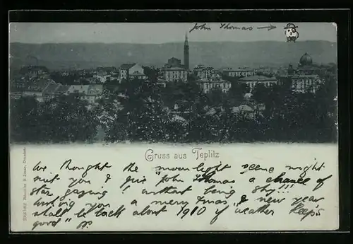 Mondschein-AK Teplitz, Ortsansicht mit Kirche