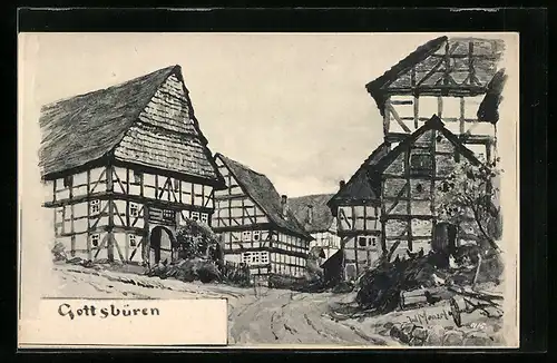 Künstler-AK Gottsbüren, Strassenpartie im Ort