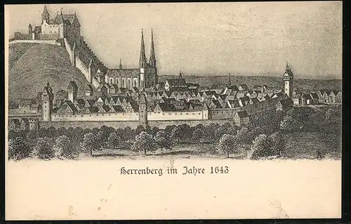 Künstler-AK Herrenberg, Ortsansicht im Jahre 1643