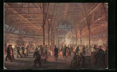 Künstler-AK Essen, Gussstahlfabrik Fried. Krupp A.-G., Tiegelguss im Schmelzbau