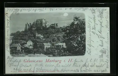 Mondschein-AK Marburg i. H., Ortsansicht mit Burg