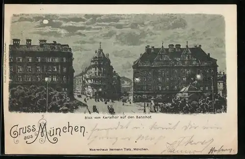 AK München, Blick vom Karlsthor auf den Bahnhof, Strassenbahn