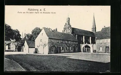 AK Mühlberg a. E., Altstädter markt mit Kirche