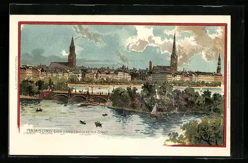 Lithographie Hamburg-Neustadt, Lombardsbrücke mit Stadt