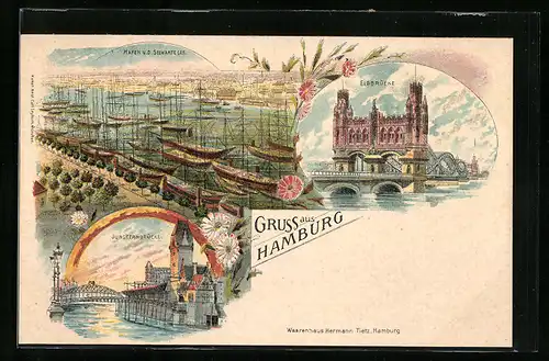 Lithographie Hamburg, Hafen von der Seewarte gesehen, Jungfern- und Elbbrücke