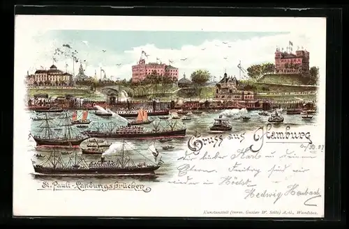 Lithographie Hamburg-St.Pauli, St. Pauli-Landungsbrücken mit Booten