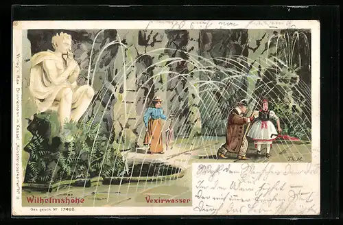Lithographie Kassel-Wilhelmshöhe, Besucher der Schlossanlagen beim Vexirwasser